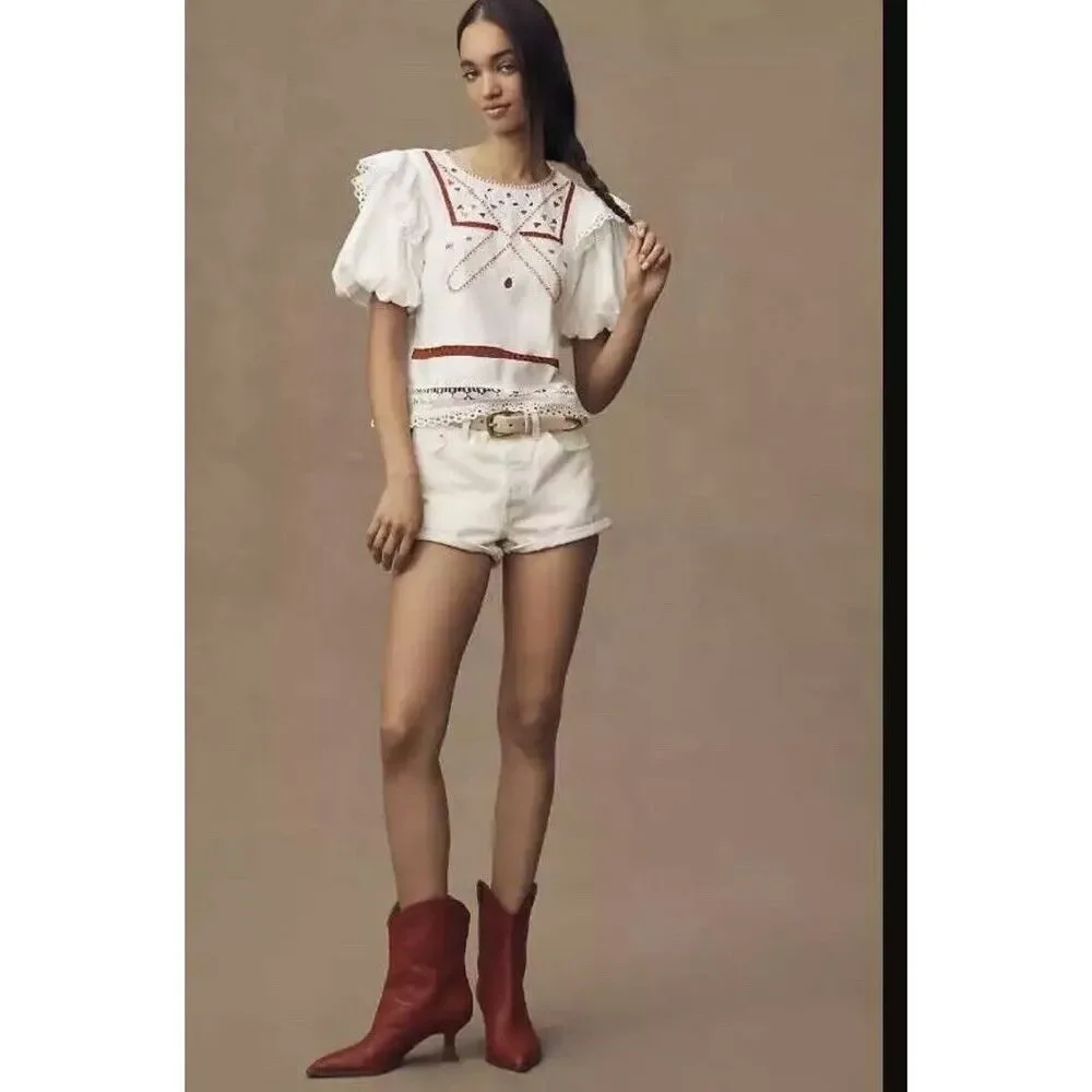 Anthropologie Puff-Sleeve Cutwork Top
